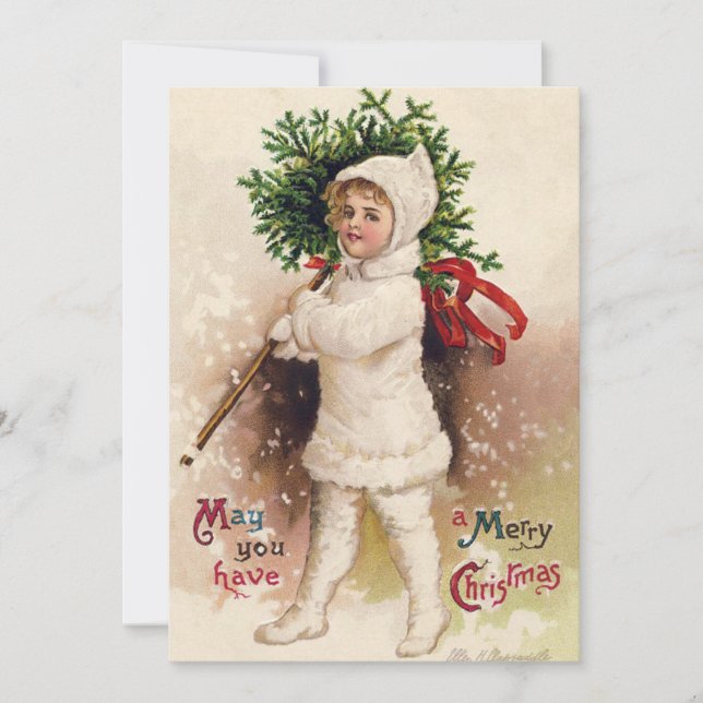 Vintage Girl with Christmas Tree, Ellen Clapsaddle Invitation (Front)
