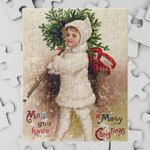 Vintage Girl with Christmas Tree, Ellen Clapsaddle Jigsaw Puzzle