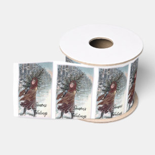Vintage girl with Christmas tree Grosgrain Ribbon