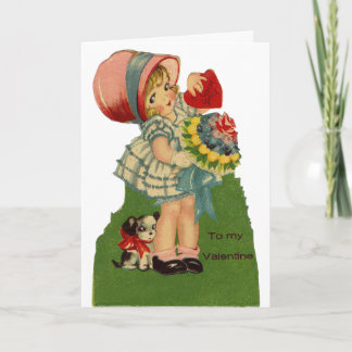 Vintage Girl With Dog Valentine Greeting Card