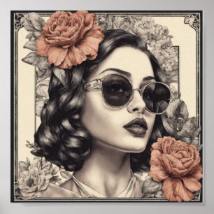 Vintage girl with flowers poster
