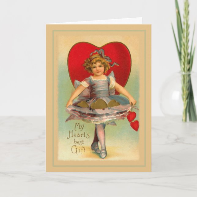 Vintage Girl with Hearts Holiday Card (Front)