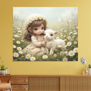 Vintage Girl with Lamb in Meadow Spring Canvas Print