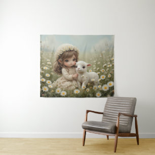 Vintage Girl with Lamb in Meadow Spring  Tapestry