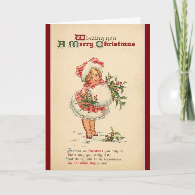 Vintage Girl With Muff and Holly Holiday Card (Front)