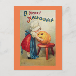 Vintage Girl With Pumpkin Postcard
