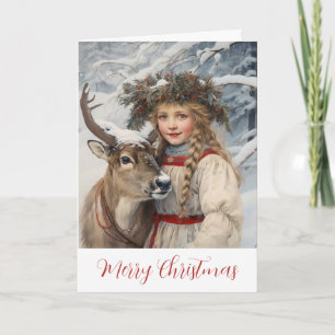 Vintage Girl with Reindeer Christmas Card