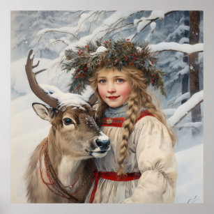 Vintage Girl with Reindeer Poster