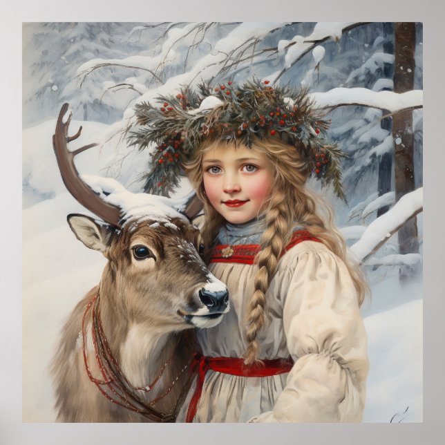 Vintage Girl with Reindeer Poster (Front)