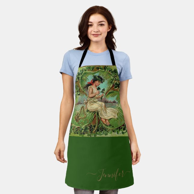 Vintage Girl with Shamrocks Personalised Happy Apron (Worn)
