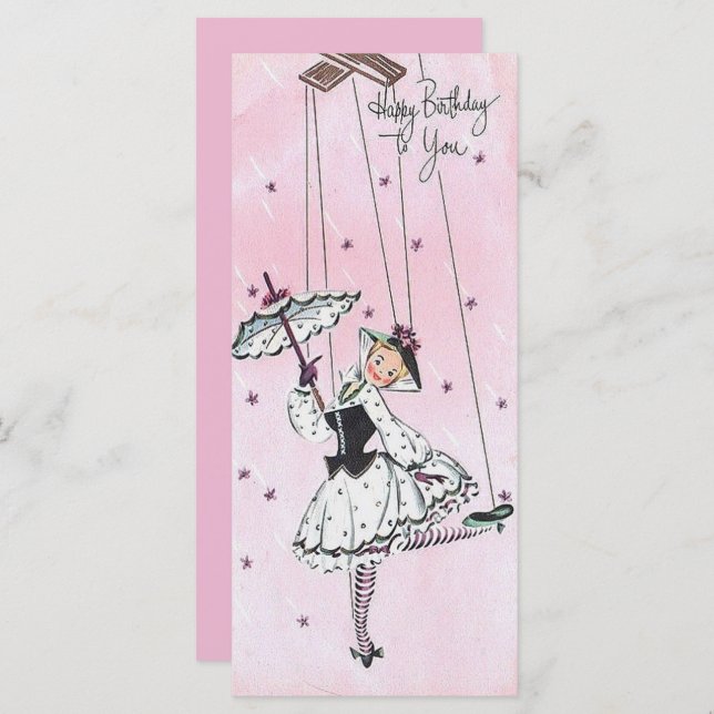 Vintage Girl With Strings Birthday Flat Card (Front/Back)