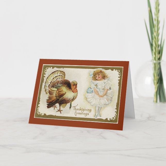 Vintage Girl With Turkey Holiday Card (Front)