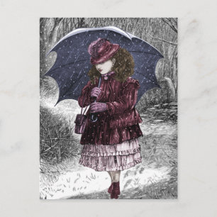 Vintage Girl With Umbrella In Snow Storm Postcard