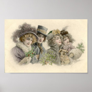 Vintage Girls and Dog Holiday Card Poster