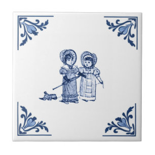 Vintage Girls & Toy Car Delft Corner Blue & White Tile