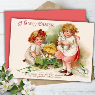 Vintage Girls With Bunnies A Happy Easter Custom Holiday Card