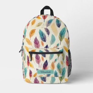 Vintage Girly Boho Feathers Pattern Personalised Printed Backpack