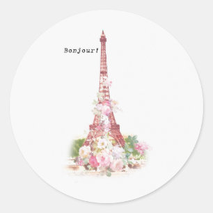 Vintage girly pink flowers Paris Eiffel Tower Classic Round Sticker