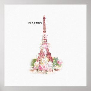 Vintage girly pink flowers Paris Eiffel Tower Poster