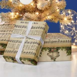 Vintage Glad Christmas Bells Carol Script Print  Wrapping Paper
