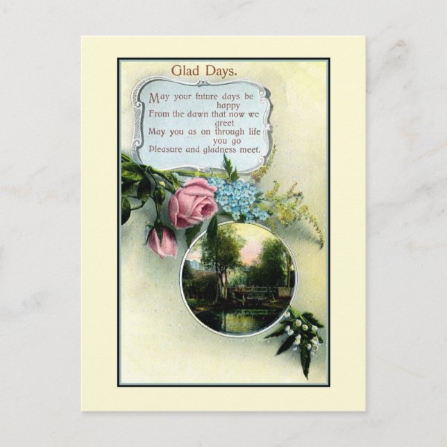 Vintage glad days poem, birthday postcard (Front)