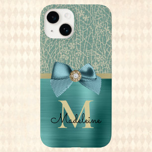 Vintage Glam Brushed Teal Textile Look Monogrammed iPhone 14 Case