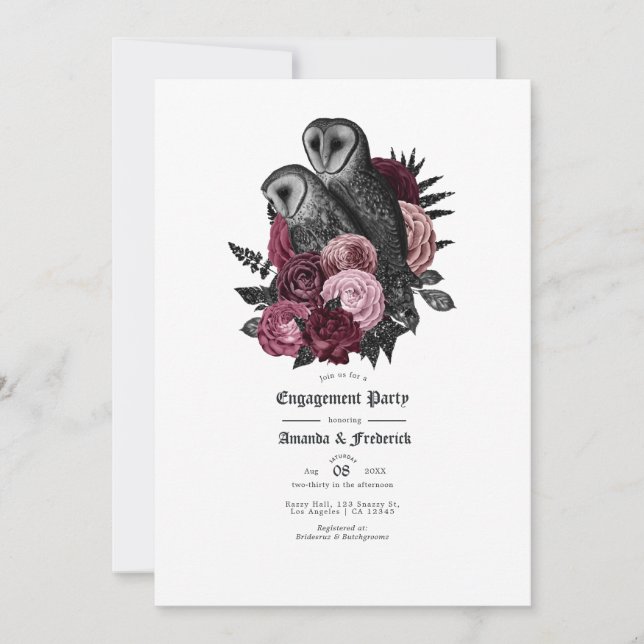 Vintage Glam Burgundy Owls Gothic Engagement Party Invitation (Front)