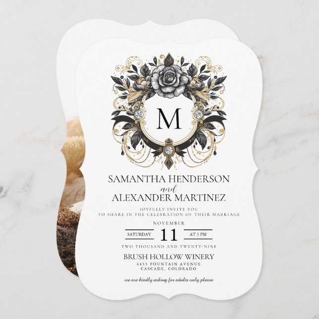 Vintage Glam Floral Photo Wedding Invitation (Front/Back)