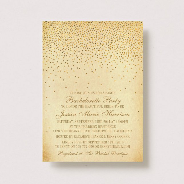 Vintage Glam Gold Confetti Bachelorette Party Invitation (Creator Uploaded)