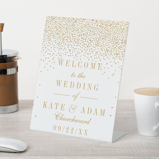 Vintage Glam Gold Confetti Wedding Welcome Pedestal Sign (In SItu)