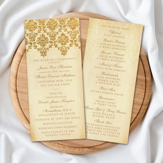 Vintage Glam Gold Damask Wedding Program Rack Card (Creator Uploaded)