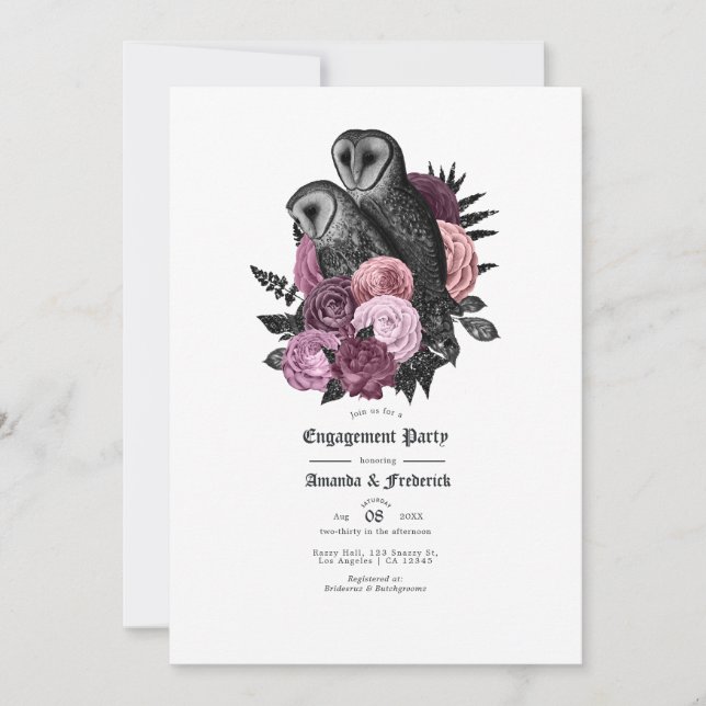 Vintage Glam Mauve Owls Gothic Engagement Party Invitation (Front)