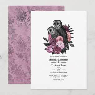 Vintage Glam Mauve Owls Gothic Wedding QR Code Invitation