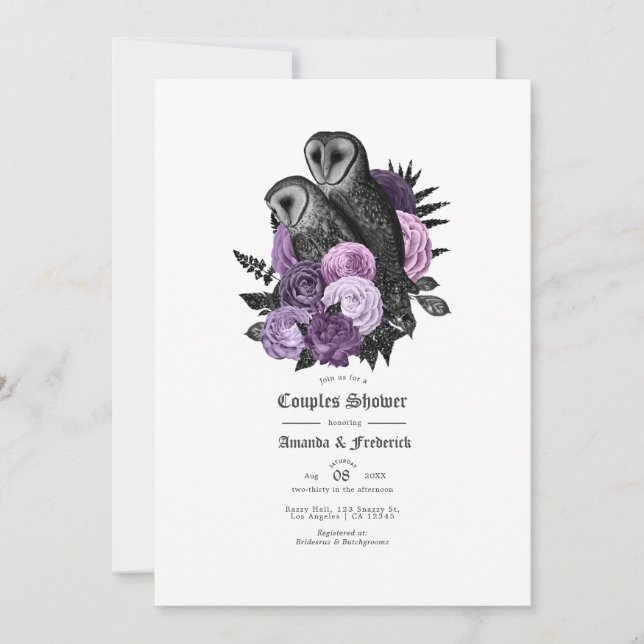 Vintage Glam Purple Owls Gothic Couples Shower Invitation (Front)