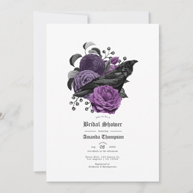 Vintage Glam Purple Raven Gothic Bridal Shower Invitation (Front)