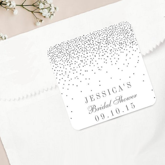 Vintage Glam Silver Confetti Bridal Shower Square Sticker (Creator Uploaded)