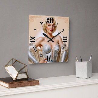 Vintage Glamour Hollywood Blonde Beauty Square Wall Clock