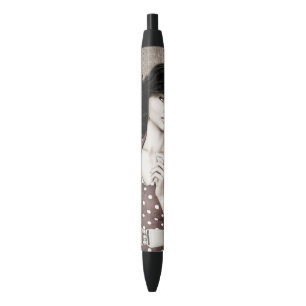 Vintage Glamour Woman Portrait Art Black Ink Pen