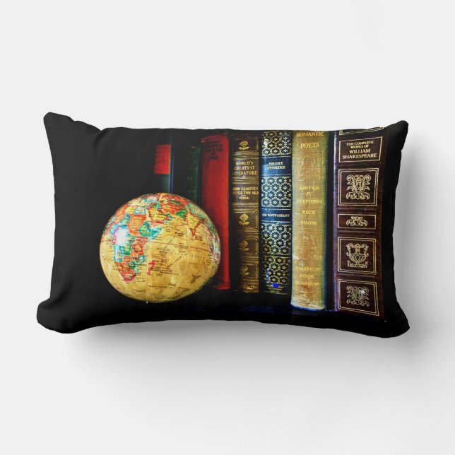 Vintage Globe and Books Lumbar Cushion (Front)
