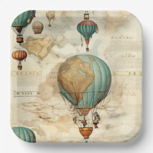Vintage Globe Hot Air Balloon Antique Map Paper Plate