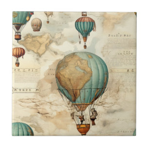 Vintage Globe Hot Air Balloon Antique Map Tile