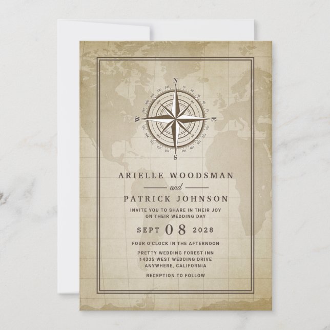 Vintage Globe Nautical Compass Wedding Invitations (Front)