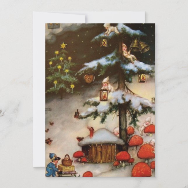 Vintage Gnome Pixies In Tree  Mushroom Holiday Card (Front)