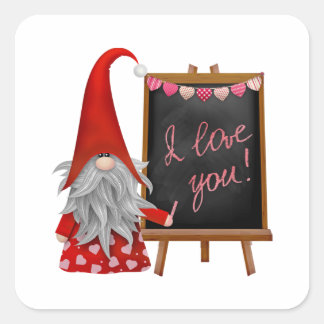 Vintage Gnome with hearts and love message Square Sticker