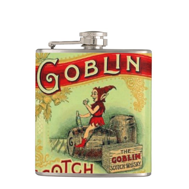 Vintage Goblin Elf Gnome Whiskey Label Hip Flask (Front)