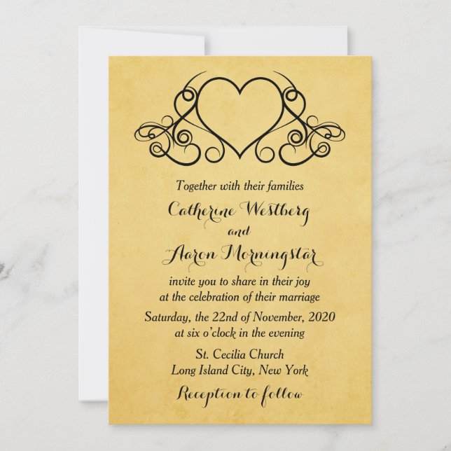 Vintage Gold And Black Hearts Wedding Invitation (Front)