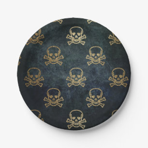 Vintage Gold And Black Pirate Skulls And Bones Paper Plate