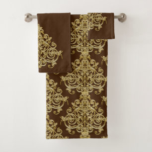 Vintage Gold and Brown Damask Bath Towel Set