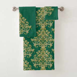 Vintage Gold and Green Damask Bath Towel Set