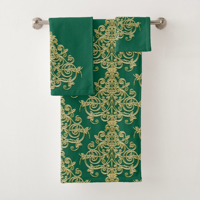 Vintage Gold and Green Damask Bath Towel Set (Insitu)